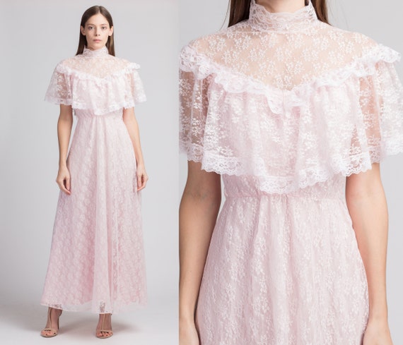 70s Pink Victorian Lace Princess Gown - Medium | V