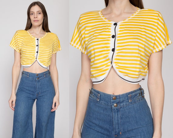 Large 80s Yellow Striped Button Up Crop Top | Ret… - image 1