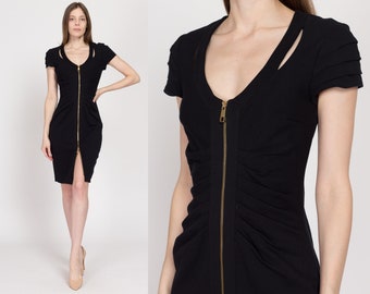 Small 90s Y2K Cache Black Zip Front Bodycon Dress | Vintage Ruched Fitted Sheath Cocktail Party Mini Dress