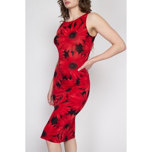 Small 90s Red Daisy Floral Tank Dress Vintage Slinky Sleeveless Midi Party Dress image 3