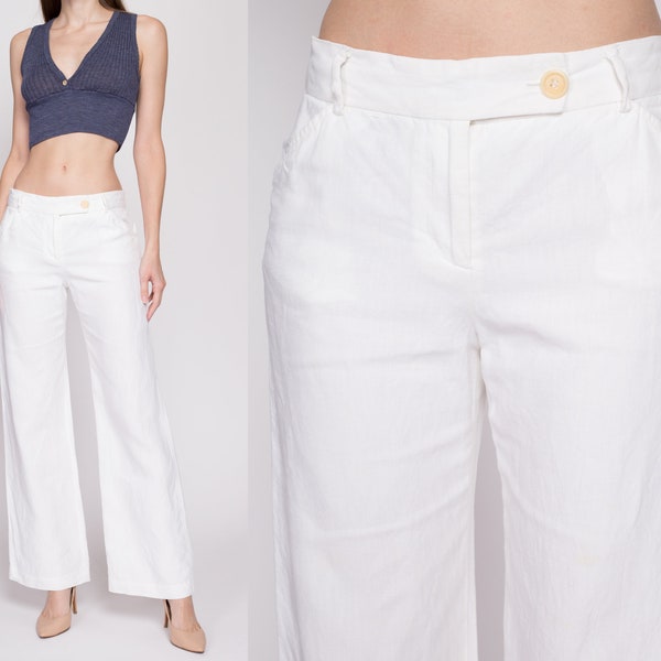 Small Vintage J Crew White Linen Low Rise Flares | 90s Y2K Retro Minimalist Wide Leg Sailor Pants