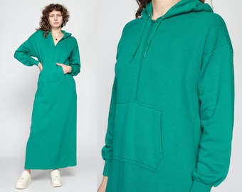 Medium 80s Teal Hooded Sweatshirt Dress | Vintage Half Zip Up Soft Slouchy Hoodie Maxi Dress