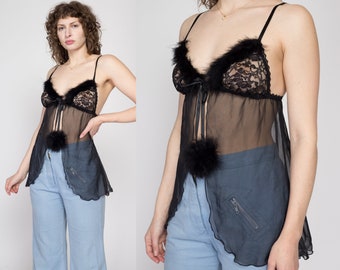 Sm-Med 90s Sheer Black Marabou Lingerie Top | Vintage Lace Trim Boho Tie Front Loungewear Negligee