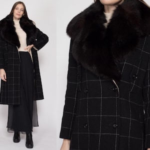 Sm-Med 70s Galanos Designer Wool Fur Collar Overcoat Vintage Grid Pattern Double Breasted Winter Blanket Jacket image 1