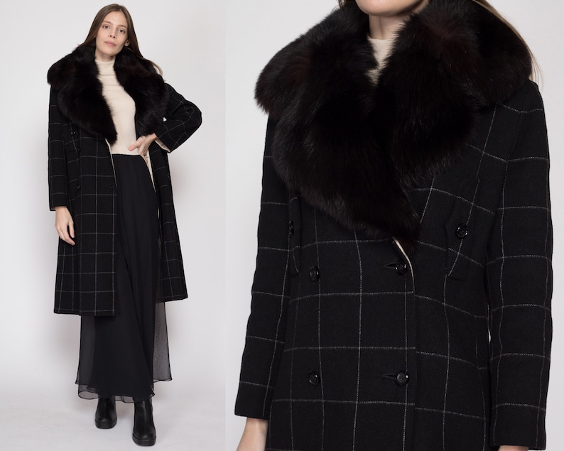 Sm-Med 70s Galanos Designer Wool Fur Collar Overcoat Vintage Grid Pattern Double Breasted Winter Blanket Jacket image 1