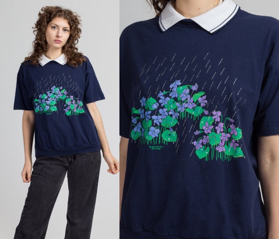 80s Raining Violets Collared Top - Large | Vintage