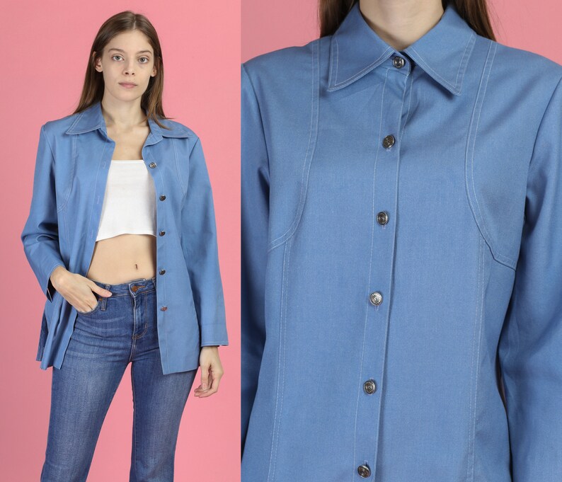 Medium 70s Mod Blue Pointed Collar Shirt Vintage Button Up Long Sleeve Overshirt Disco Top