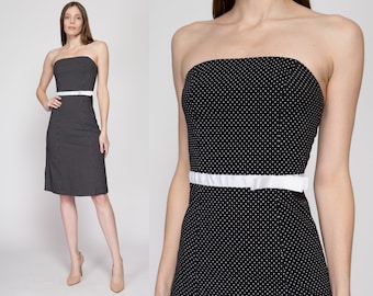 XS 90s Y2K Black & White Polka Dot Strapless Party Dress | Vintage A Line Knee Length Dress