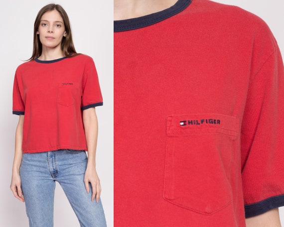 90s Tommy Hilfiger Crop Top One Size Vintage Red Cropped Ringer