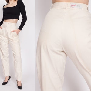 XS-Sm 80s Lee Casuals Cotton Pleated Trousers 25.5" | Vintage Off-White Yoked High Waisted Tapered Mom Pants