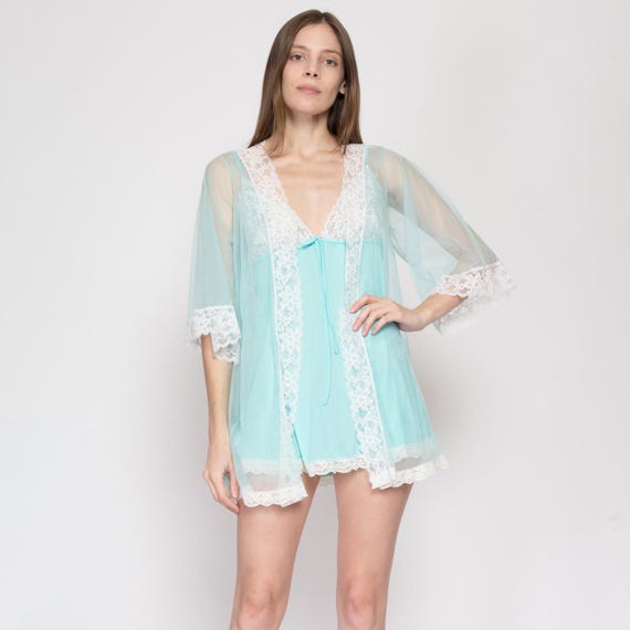 Medium 60s Blue Chiffon Babydoll Peignoir Set Vintage Negligee Matching Outfit Mini Nightie Robe Etsy