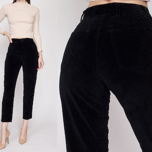 XS 90s Black Velvet High Waisted Pants Petite | Vintage Tapered Leg Minimalist Trousers