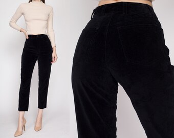 XS 90s Black Velvet High Waisted Pants Petite | Vintage Tapered Leg Minimalist Trousers