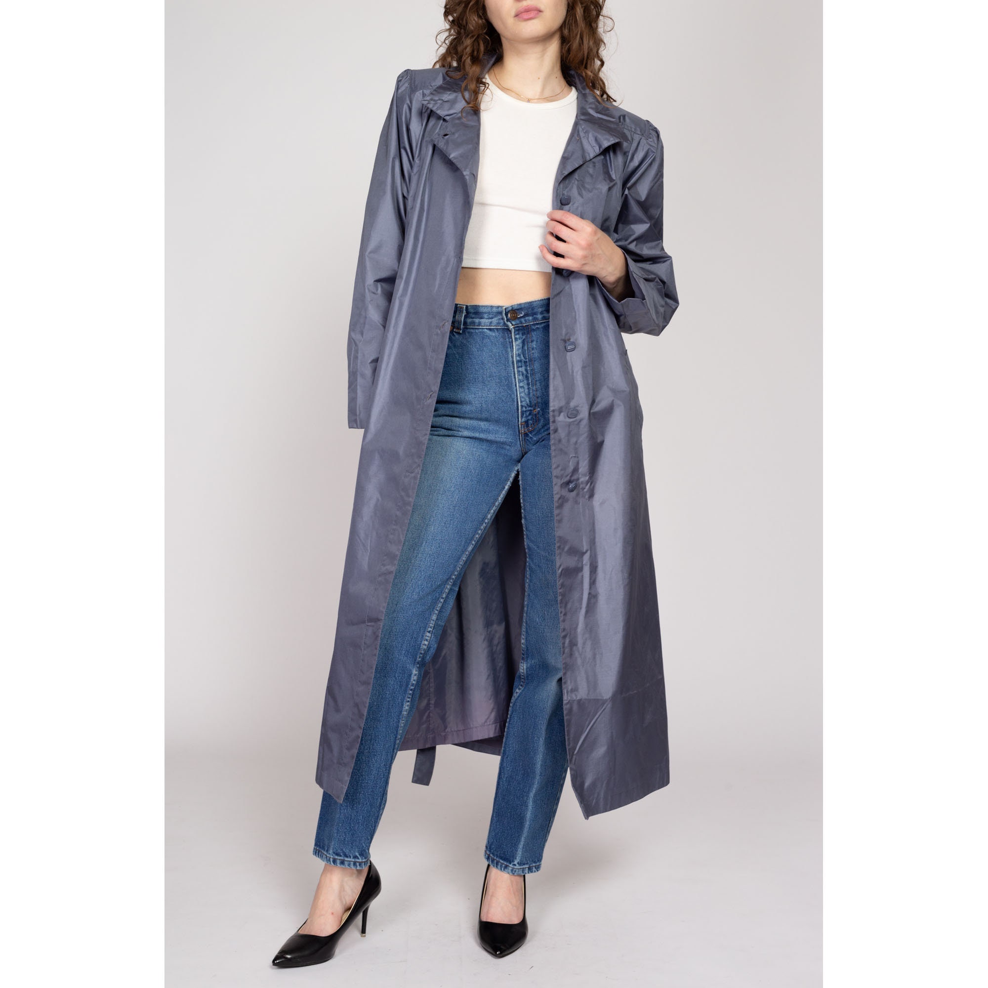 XL 80s Shiny Slate Grey Belted Trench Rain Jacket | Vintage