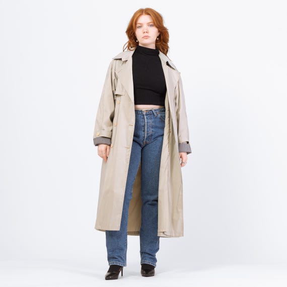 Vintage 80s Iridescent Taupe Gingham Trim Trench Coat - Medium
