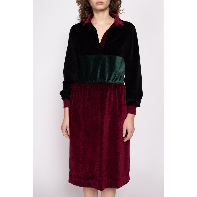 70s Jewel Tone Velour Midi Shirtdress Medium to Large Vintage Color Block Long Sleeve Collared Dress image 2