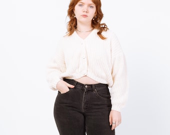 Vintage 90s White Cropped Cardigan - Medium | Cream Cotton Knit Button Up Sweater