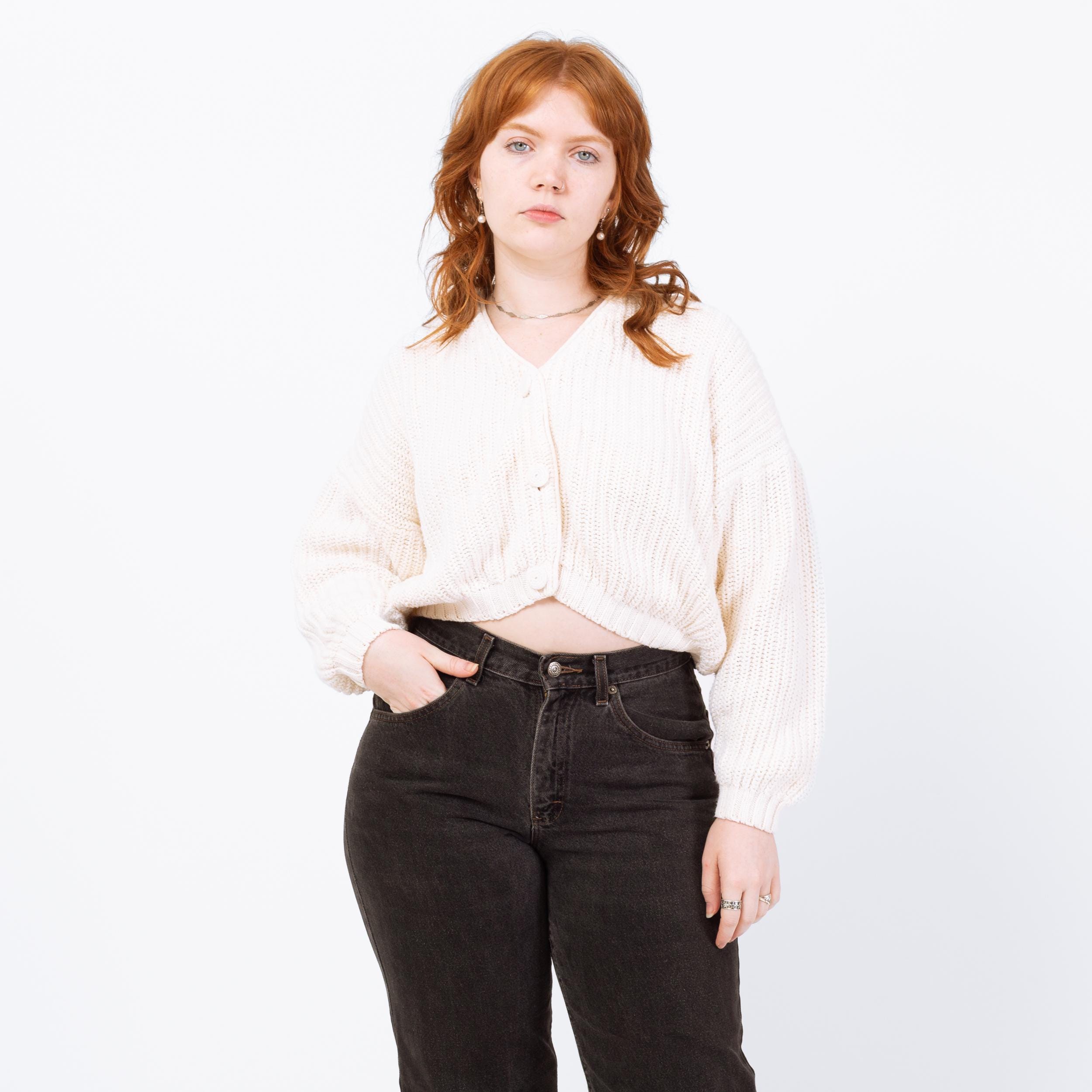 Vintage 90s White Cropped Cardigan - Medium | Cream Cotton Knit