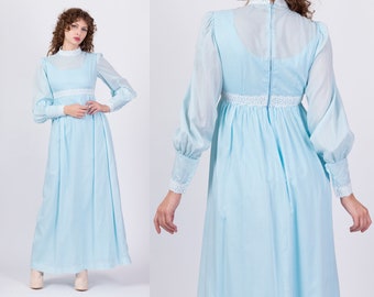 60s Swiss Dot Boho Prairie Maxi Dress Small | Vintage Baby Blue Puff Sleeve Hippie Gown