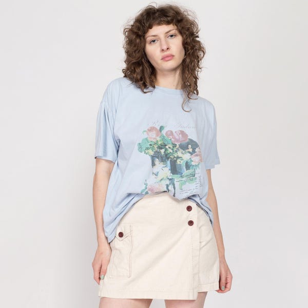 XL 90s Rose Indica Art Print Camiseta / Vintage Azul Ilustración Botánica Flor Camiseta Gráfica