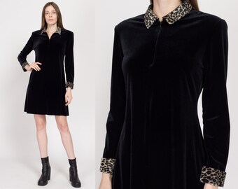 Small 90s Black Velvet Leopard Trim Long Sleeve Mini Dress | Vintage Zip Front A Line Faux Fur Dress