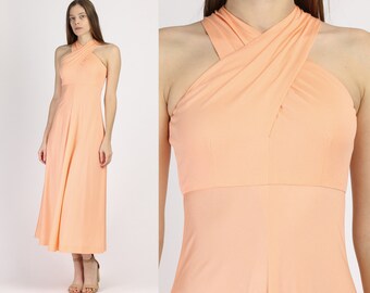 70s Peach Maxi Party Dress - XXS | Vintage Sleeveless Empire Waist Gown