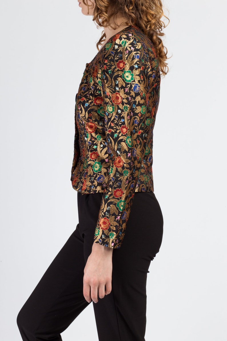80s Metallic Floral Brocade Crop Top Small Vintage Long Sleeve Button Up Jacket Shirt