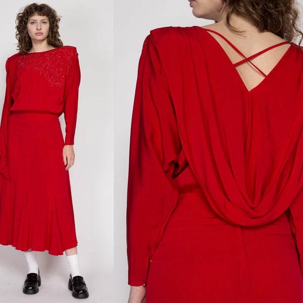 Small 80s Casadei Red Draped Back Midi Dress | Vintage Designer Long Sleeve Blouson Shirtdress