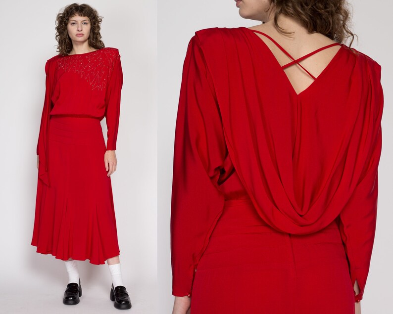 Small 80s Casadei Red Draped Back Midi Dress Vintage Designer Long Sleeve Blouson Shirtdress image 1