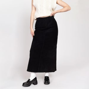 Medium 90s Black Suede Maxi Skirt 28.5" | Vintage Boho A Line Leather High Waisted Skirt