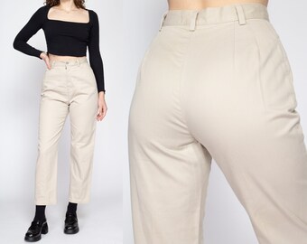 Small 90s Liz Claiborne Cotton Khaki High Waisted Pants 26.5" | Vintage Off-White Tapered Leg Trousers