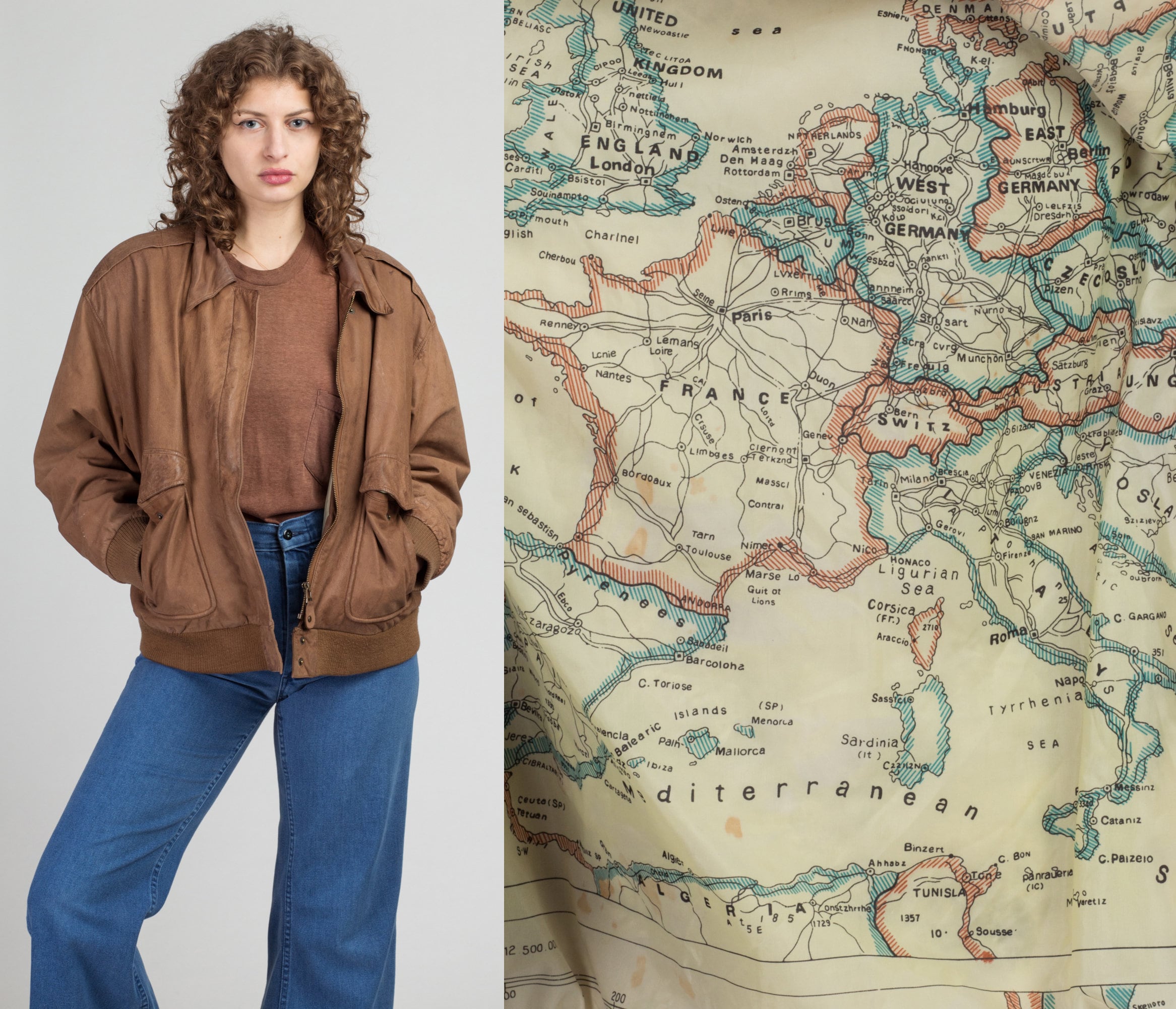 80s vintage leather jacket g1 a2 牛革 MAP 80s Brown Leather Map Lining Bomber Jacket - Men's Large | Vintage