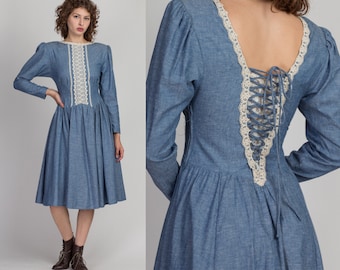Gunne Sax Dress 70s Chambray & Lace Cottagecore Dress Small | Vintage Puff Sleeve Low Corset Back Prairie Dress