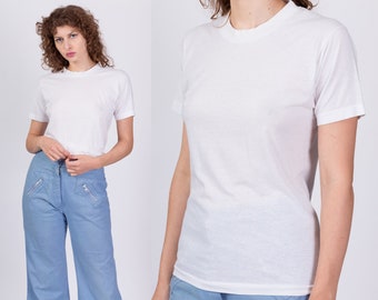 Sm-Med 90s Plain White Crew Neck Tee Unisex | Vintage Short Sleeve T Shirt