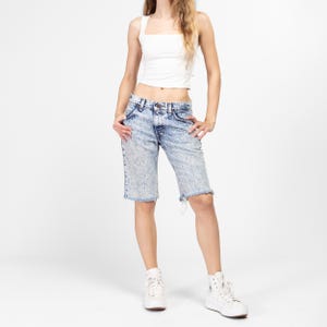 XS 90s Levi&#39;s Acid Wash Low Rise Jean Shorts | Vintage Cut Off Denim Long Inseam Bermuda Shorts