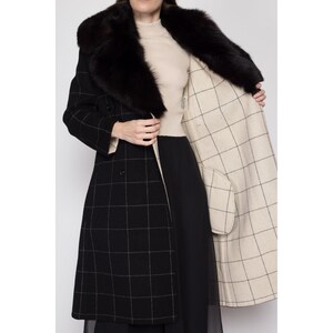 Sm-Med 70s Galanos Designer Wool Fur Collar Overcoat Vintage Grid Pattern Double Breasted Winter Blanket Jacket image 7