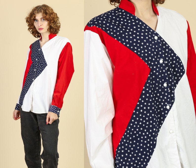 Large Vintage Red White /& Blue Button Up Flag Shirt 80s Americana Western Shirt