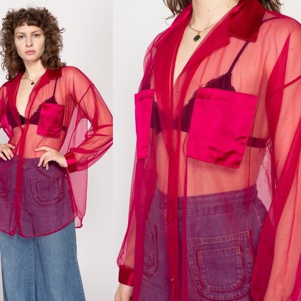 Large 90s Sheer Hot Pink Mesh Lounge Shirt | Vintage Satin Trim Maximalist Button Up Pajama Top