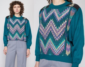Large 80s Teal Southwestern Woven Zig Zag Sweater | Vintage Batwing Sleeve  Knit Pullover Jumper