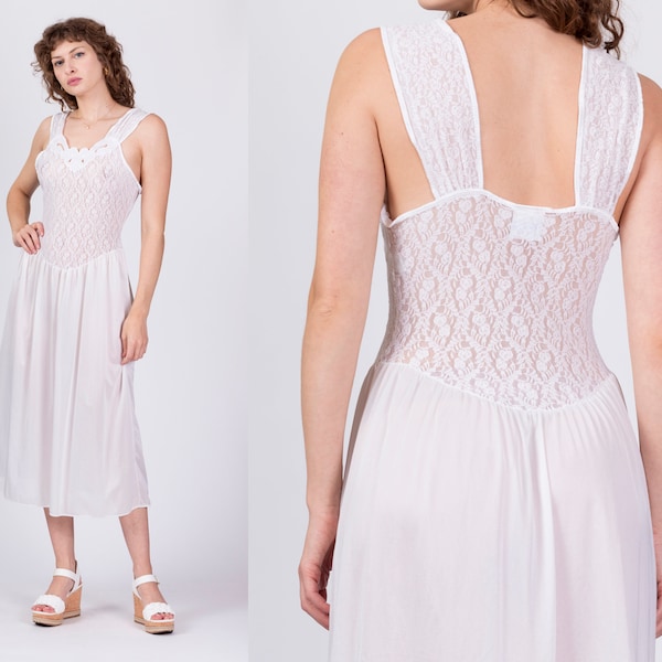 Medium 80s Sheer White Lace Nightgown | Vintage V Neck Lingerie Midi Slip Dress