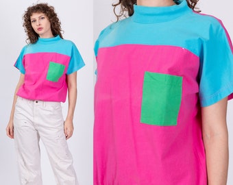 Large 80s Color Block Pocket Top | Vintage Short Sleeve Retro Cotton T Shirt