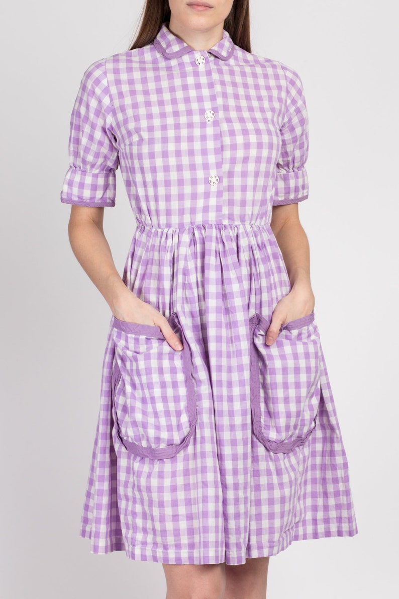 Vintage 1940s Purple Gingham Checkered Day Dress Petite XS 40s 50s Fit & Flare Boho Cotton Mini Dress image 3