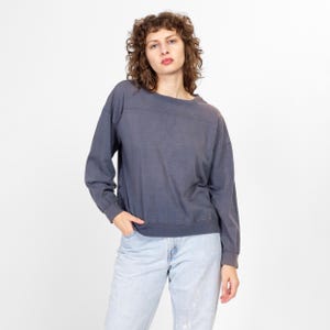 Large 90s Faded Slate Blue Sweatshirt Top | Vintage Unisex Distressed Plain Cotton Crewneck Pullover