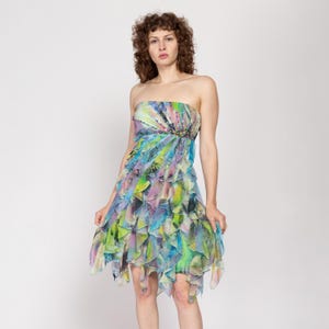 Vestido de fiesta mediano Y2K con volantes, sin tirantes y dobladillo tipo bufanda, nuevo en el mercado / Vestido mini de cóctel vintage con lentejuelas en azul y verde, vestido de invitada de boda
