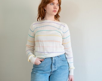 Vintage 80s Pastel Rainbow Striped Boatneck Sweater - Large | Lightweight Knit Cropped Pullover