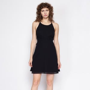 Small 90s Black Strappy Cross Back Mini Dress | Vintage Backless Fit & Flare Party Dress