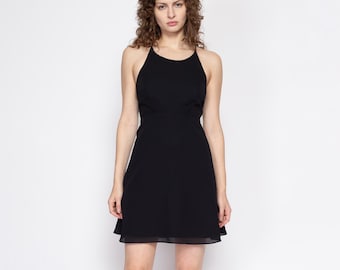 Small 90s Black Strappy Cross Back Mini Dress | Vintage Backless Fit & Flare Party Dress