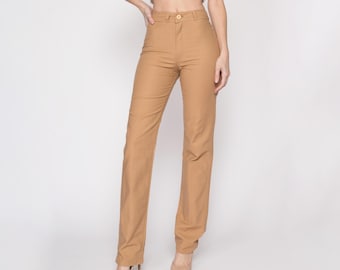 XS 70s Tan High Waisted Pants 24.5" | Retro Vintage Khaki Slim Bootcut Trousers