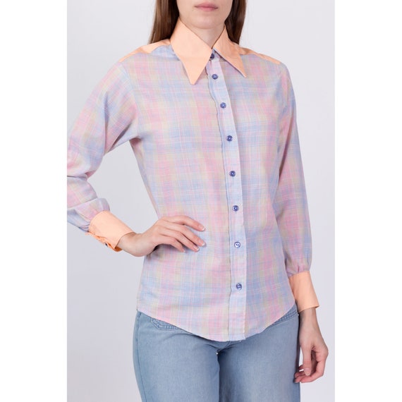 70s Pastel Plaid Western Shirt Small | Vintage Bu… - image 4