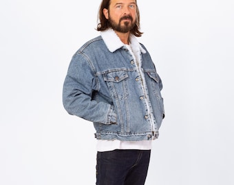 Chaqueta vaquera sherpa Levi's vintage de los años 80 (talla mediana/abrigo vaquero grunge estilo camionero azul con forro de piel de oveja lavada a la piedra)